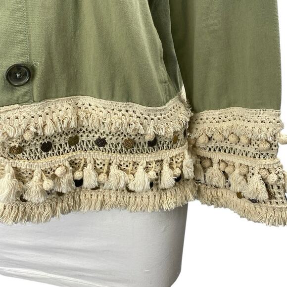 Zara Green Crochet Fringe Trim Button Front Pockets Long Sleeve Jacket Size XS - Picture 3 of 3